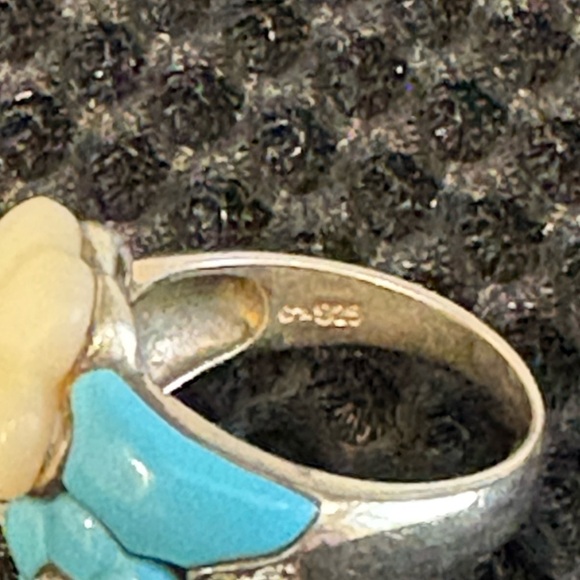 Artisan Sterling Silver Mother-of-Pearl & Turquoise Flower Statement Ring Size 8 - Picture 12 of 13
